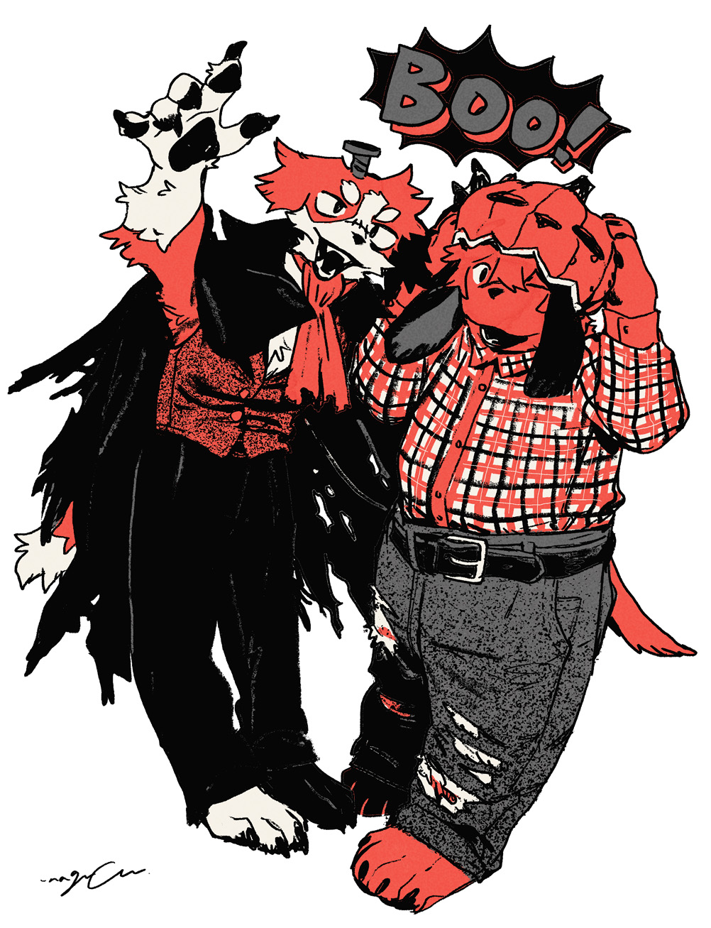 2boys, animal_ears, ascot, black_cape, cape, claws, denim, dog_boy