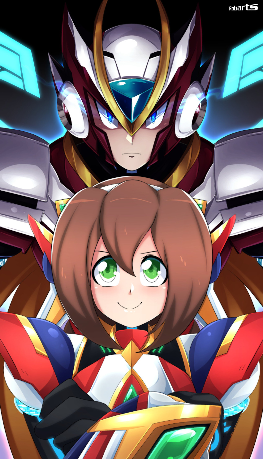 1boy, 1girl, absurdres, armor, axasempai, blue_eyes, blue_wings, brown_hair, crossed_arms, dive_armor_iris_(mega_man), dive_armor_zero_(mega_man), energy_wings, forehead_jewel, glowing, glowing_eyes, green_eyes, helmet, highres, iris_(mega_man), looking_at_viewer, mega_man_(series), mega_man_x_(series), mega_man_x_dive, red_armor, red_helmet, smile, smug, upper_body, wings, zero_(mega_man)