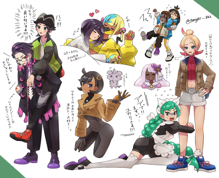 >_<, 3boys, 6+girls, apron, aqua_hair, ascot, bandeau, black-framed_eyewear