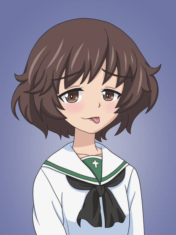 1girl, akiyama_yukari, black_neckerchief, blue_background, brown_eyes, brown_hair, cross, girls_und_panzer