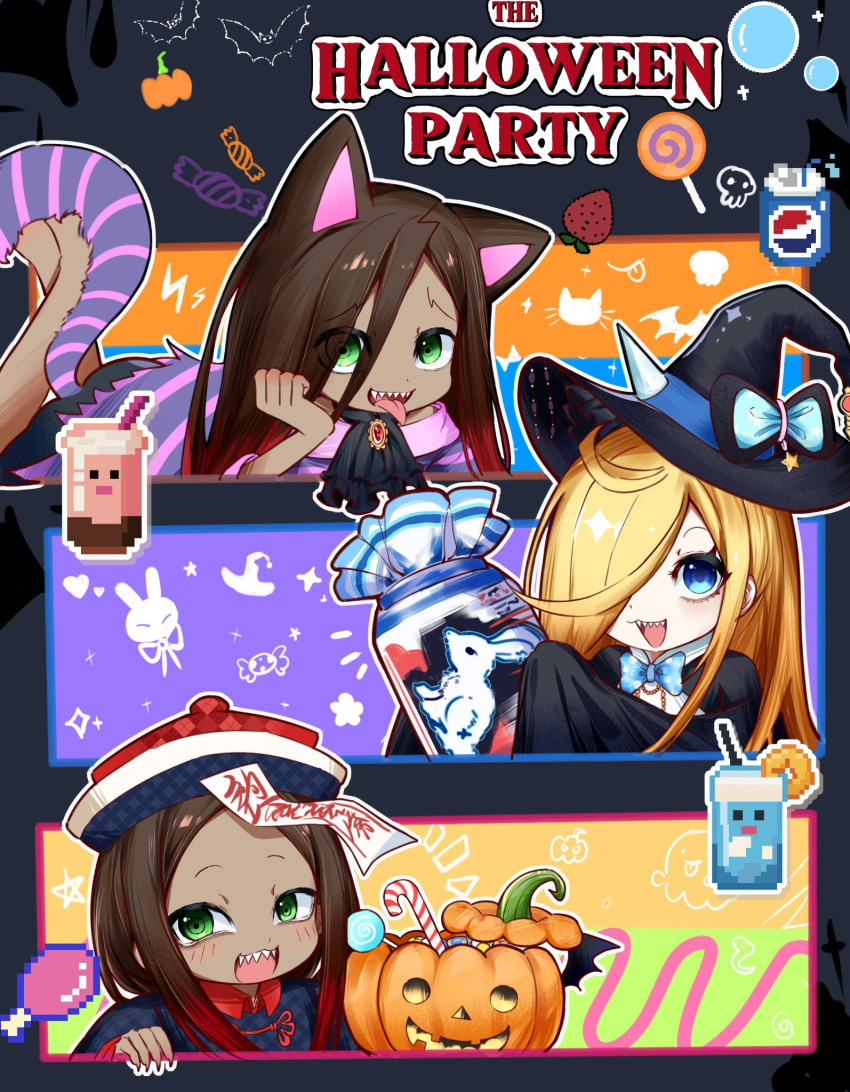 1girl, 2boys, :d, animal_ears, ascot, barefoot, black_dress, blonde_hair