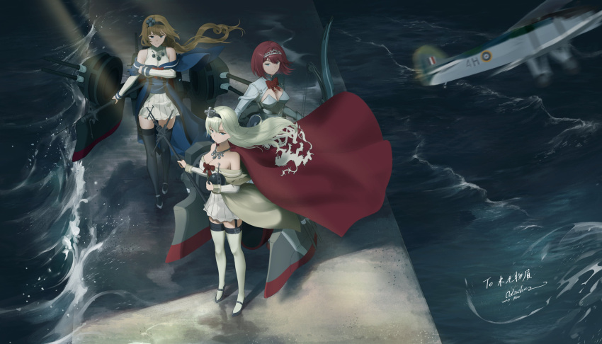 3girls, absurdres, aircraft, airplane, ark_royal_(kancolle), biplane, black_thighhighs, blonde_hair