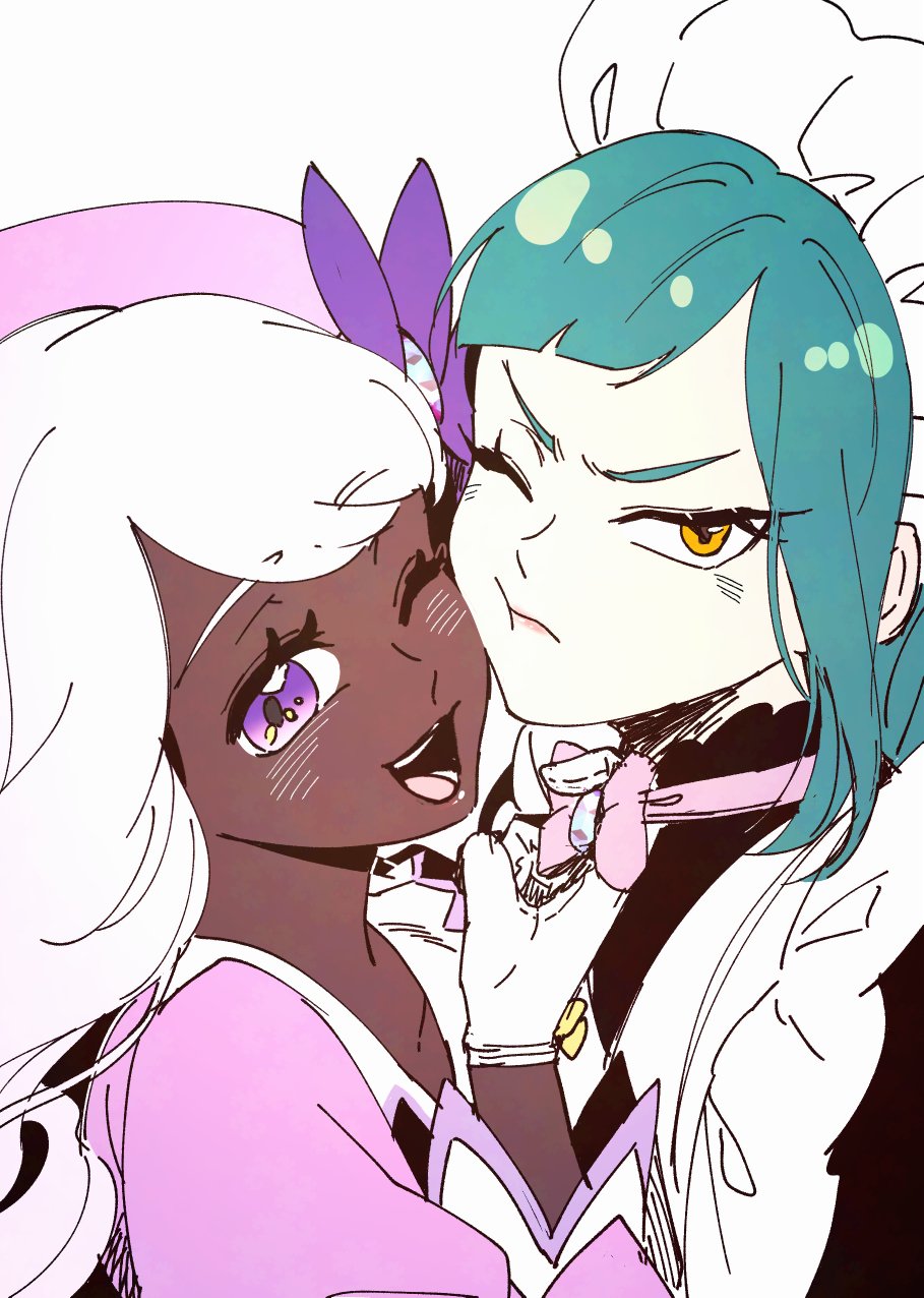 2girls, dark-skinned_female, dark_skin, gguck, gloves, green_hair, hat, highres