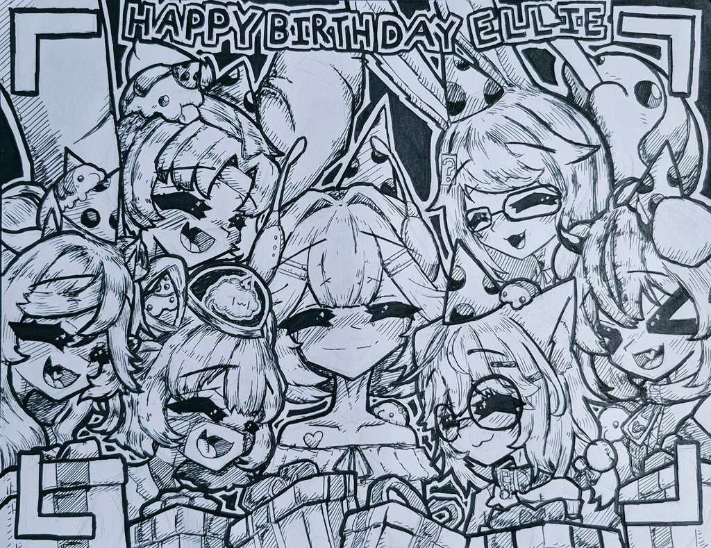 >_<, 6+girls, :3, ?, animal_ear_fluff, animal_ears, animal_on_head, arms_up, blush, box, brain, bug, cat_ears, cat_girl, cerber_(vtuber), character_name, character_request, chrchie, closed_eyes, closed_mouth, codebug_(ellie_minibot), commentary, dog_ears, dog_girl, ellie_minibot, english_commentary, english_text, exposed_brain, eyelashes, fang, gift, gift_box, glasses, greyscale, hair_ornament, hairclip, happy_birthday, hat, headset, horns, indie_virtual_youtuber, ishinadaako, light_rays, long_sleeves, minikomew, monochrome, multiple_girls, on_head, open_mouth, outline, party_hat, party_horn, polka_dot_hat, question_mark_hair_ornament, round_eyewear, shoomimi, short_hair, skin_fang, smile, traditional_media, virtual_youtuber, white_outline