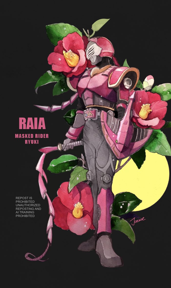 armor, black_background, black_bodysuit, bodysuit, helmet, holding, holding_whip, jo_mawe, kamen_rider, kamen_rider_raia, kamen_rider_ryuki_(series), pink_armor, pink_helmet, simple_background, solo, tokusatsu