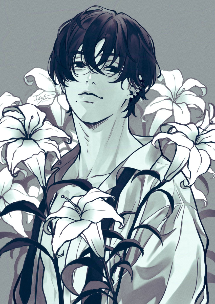 1boy, chainsaw_man, closed_mouth, collared_shirt, commentary_request, ear_piercing, flower, flower_request