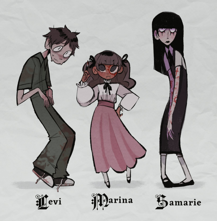 1boy, 2girls, :3, black_dress, black_hair, black_lips, black_ribbon, black_shoes
