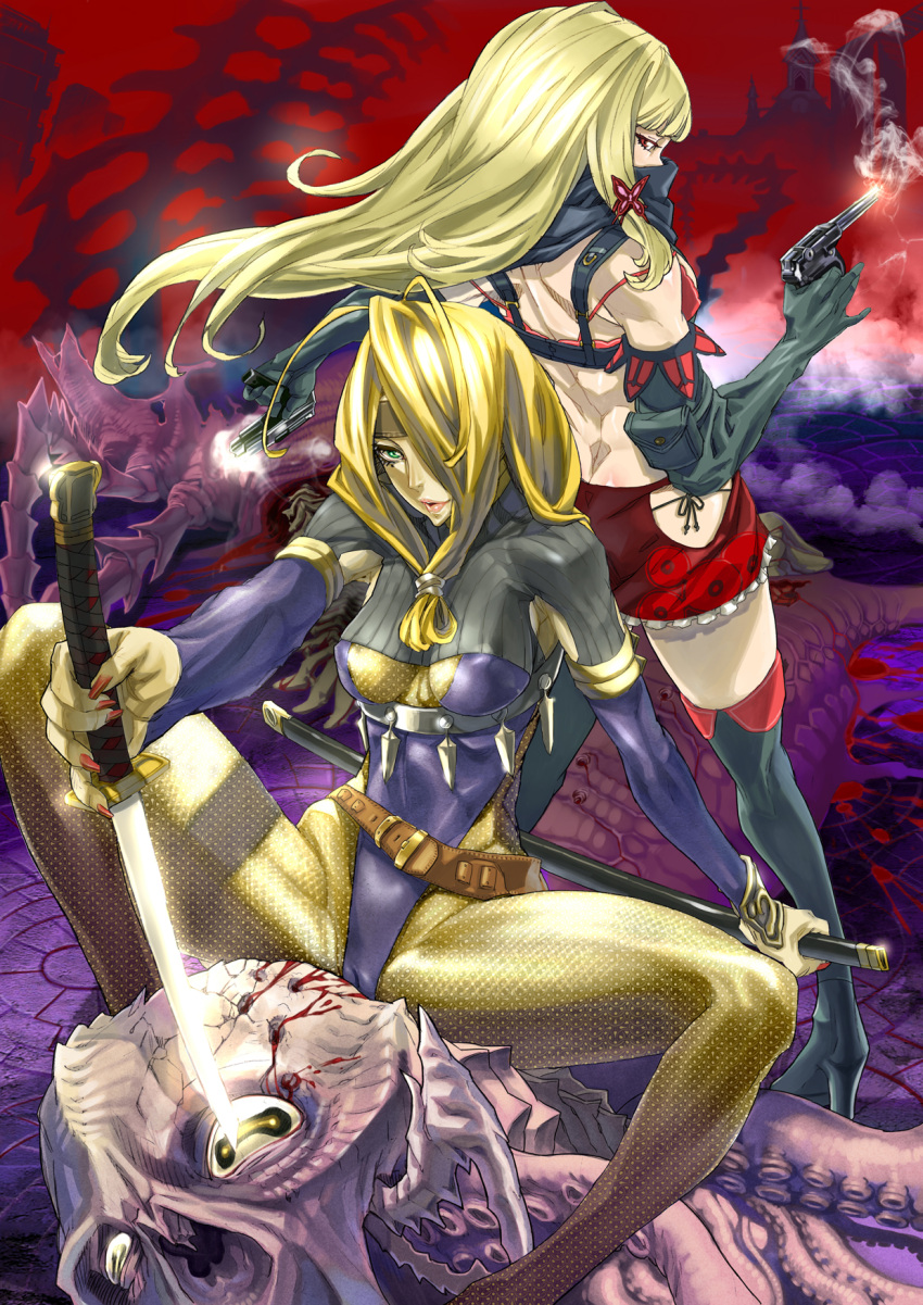 bodysuit, boots, copyright_request, dual_wielding, elbow_gloves, gloves, gun, hair_ornament