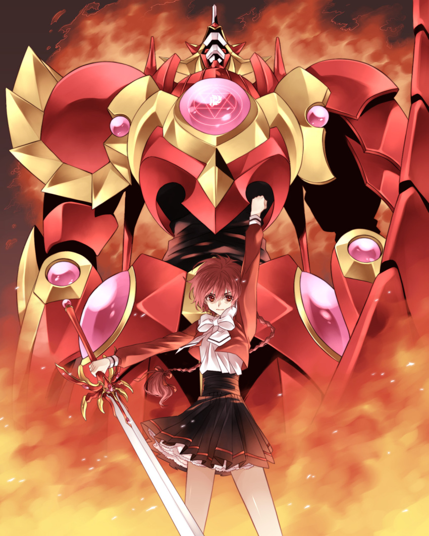 1girl, arm_up, bow, braid, closed_mouth, feet_out_of_frame, female, fire, hair_between_eyes, hair_ribbon, highres, holding, holding_sword, holding_weapon, long_sleeves, magic_knight_rayearth, mecha, pleated_skirt, rayearth, red_eyes, red_hair, redhead, redm056, ribbon, school_uniform, shidou_hikaru, single_braid, skirt, solo, standing, sword, weapon, white_bow