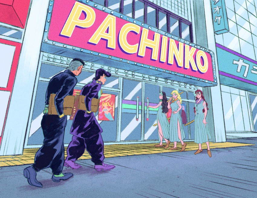 2boys, 3girls, akemi_(jojo), bag, brown_shoes, commentary_request, delinquent, diamond_wa_kudakenai