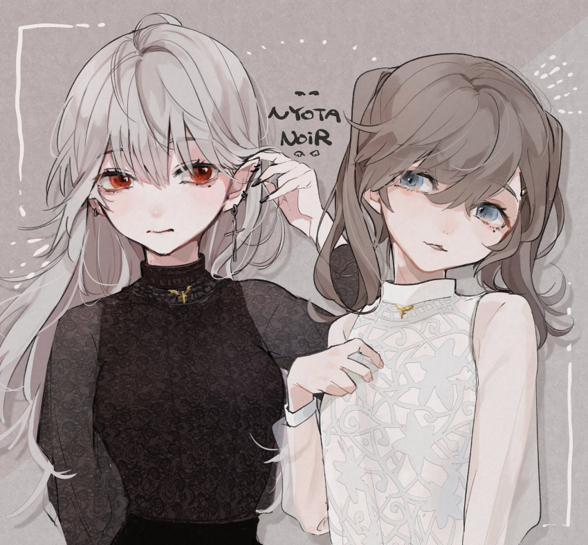 2girls, absurdres, blue_eyes, brown_background, brown_hair, cross, cross_earrings, ear_piercing