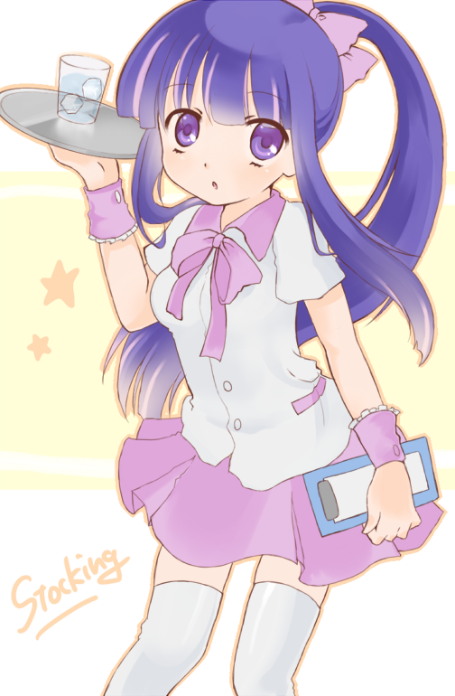 1girl, :o, alternate_costume, bad_id, bow, drink, hair_bow, ice_cube, long_hair, muikou_(moeko0903), multicolored_hair, open_mouth, panty_&amp;_stocking_with_garterbelt, pink_hair, ponytail, purple_eyes, purple_hair, solo, stocking_(character), stocking_(psg), thighhighs, tray, violet_eyes, waitress, water, white_legwear, white_thighhighs, wrist_cuffs