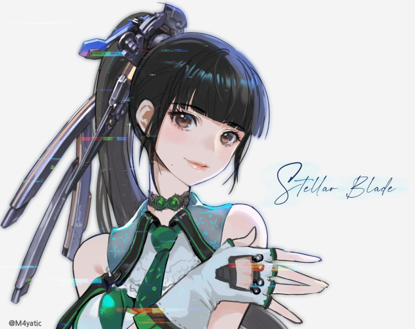 1girl, black_choker, black_hair, blood_edge_(stellar_blade), blunt_bangs, blush, breasts, brown_eyes