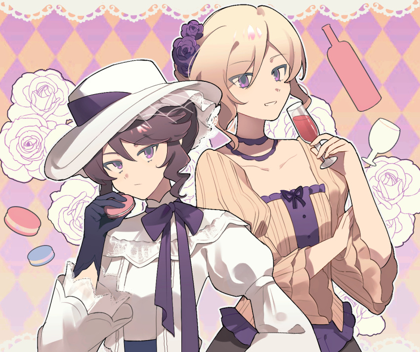 2girls, :/, argyle_background, axis_powers_hetalia, black_gloves, blonde_hair, bottle, bow