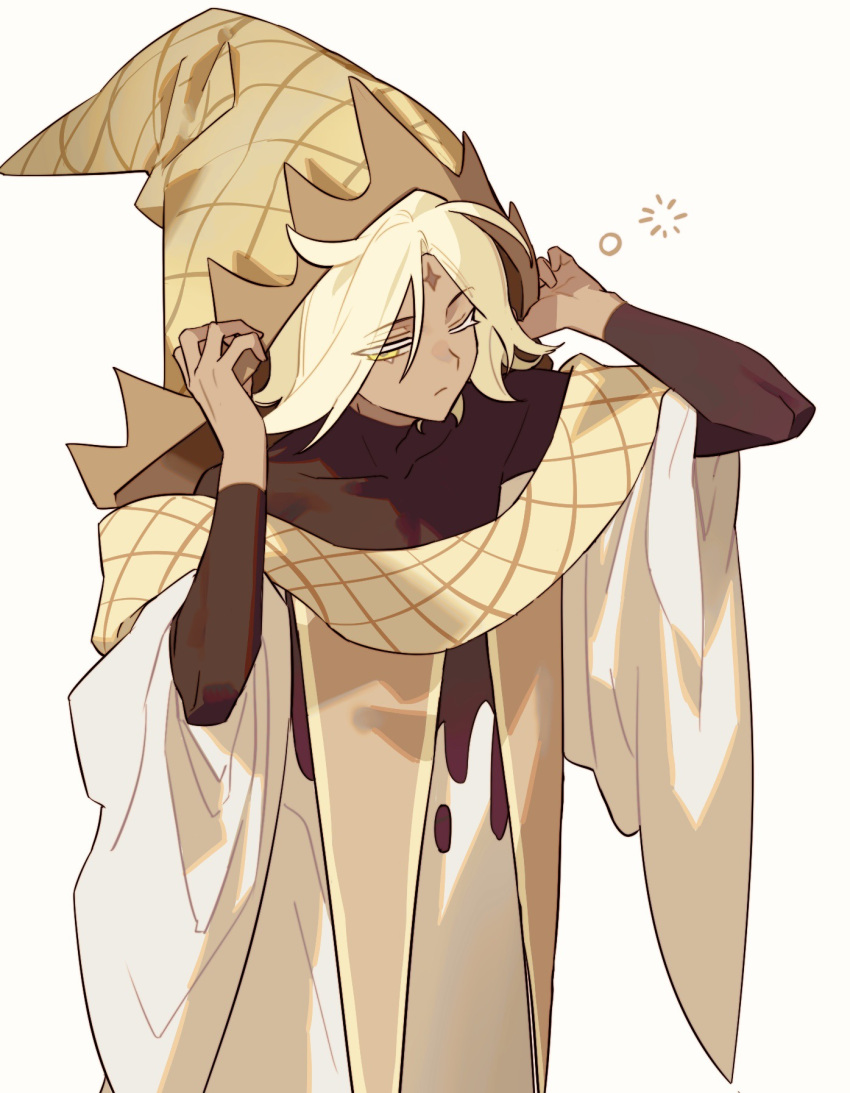 1boy, ;(, black_shirt, blonde_hair, brown_hat, closed_mouth, collarbone, cookie_run