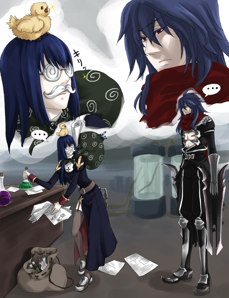 ..., 1boy, 1girl, animal_on_head, armor, armored_boots, assassin_cross_(ragnarok_online), bio_lab