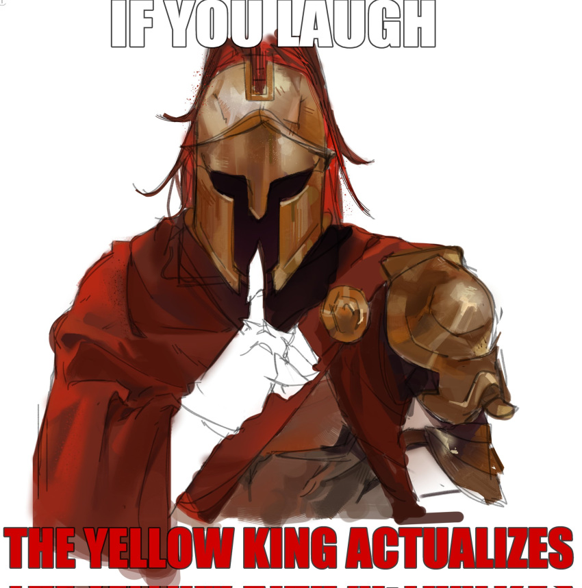 1other, armor, caption, cloak, commentary, d3rlord3, endisnio, english_commentary, english_text, facing_viewer, finger_to_mouth, galea_helmet, highres, meme, painterly, red_cloak, searching_for_a_world_that_doesn't_exist, shushing, solo, upper_body