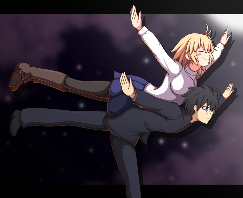 1boy, 1girl, ahoge, arcueid_brunestud, arms_at_sides, black_eyes, black_hair, blonde_hair