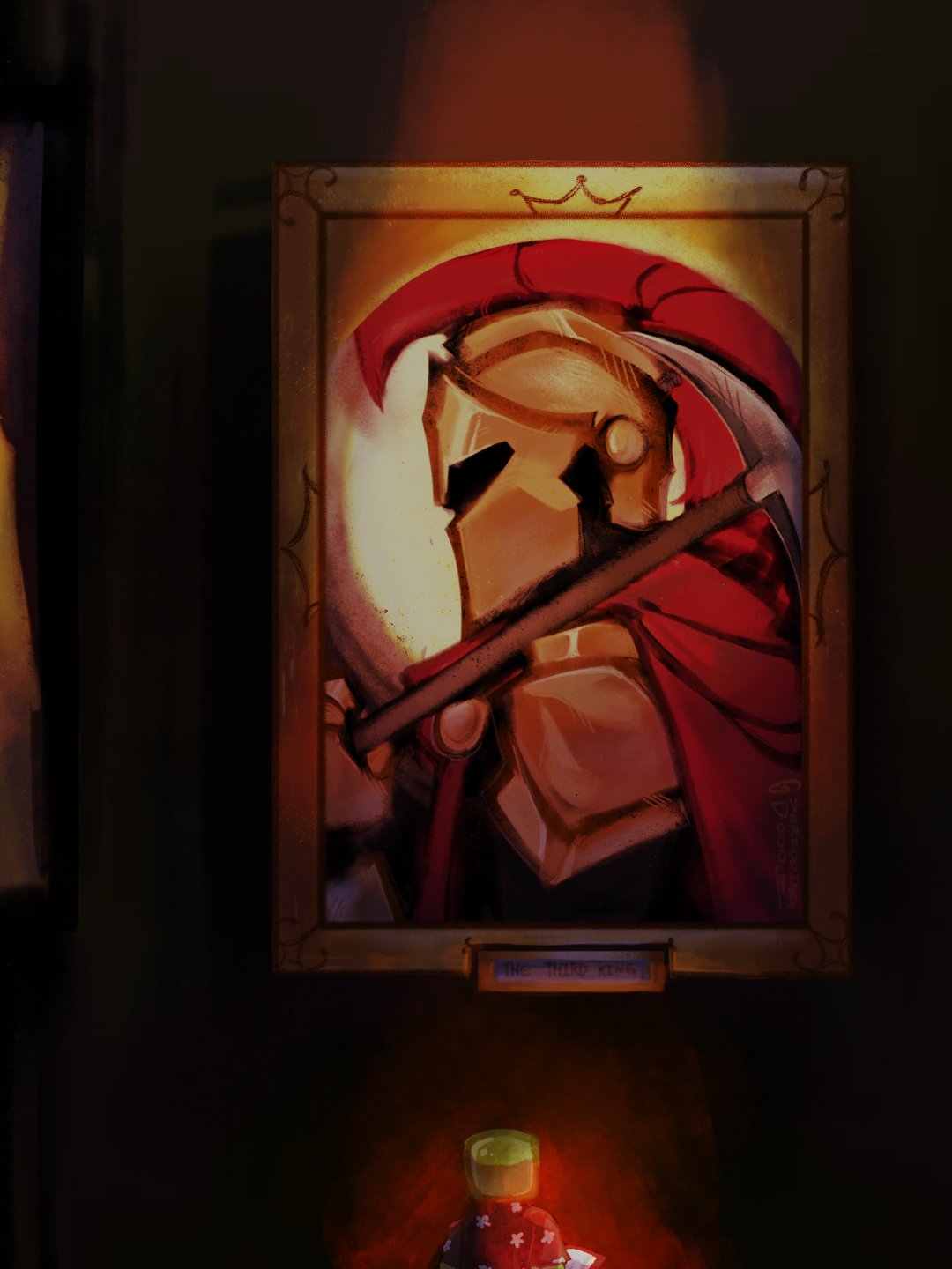 1other, armor, averythemayo, bpdnpdtism, cloak, d3rlord3, dim_lighting, faceless, from_side, galea_helmet, highres, holding, holding_pickaxe, mini_person, miniboy, monster_boy, over_shoulder, pickaxe, portrait_(object), red_cloak, searching_for_a_world_that_doesn't_exist, shoulder_armor, slime_boy, spotlight, upper_body, weapon, weapon_over_shoulder