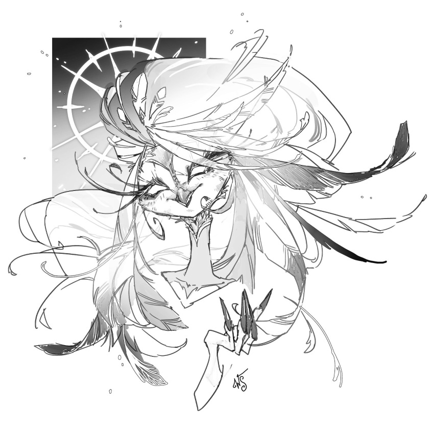 1girl, angel_wings, bird_girl, furry, furry_female, greyscale, halo, halo_behind_head