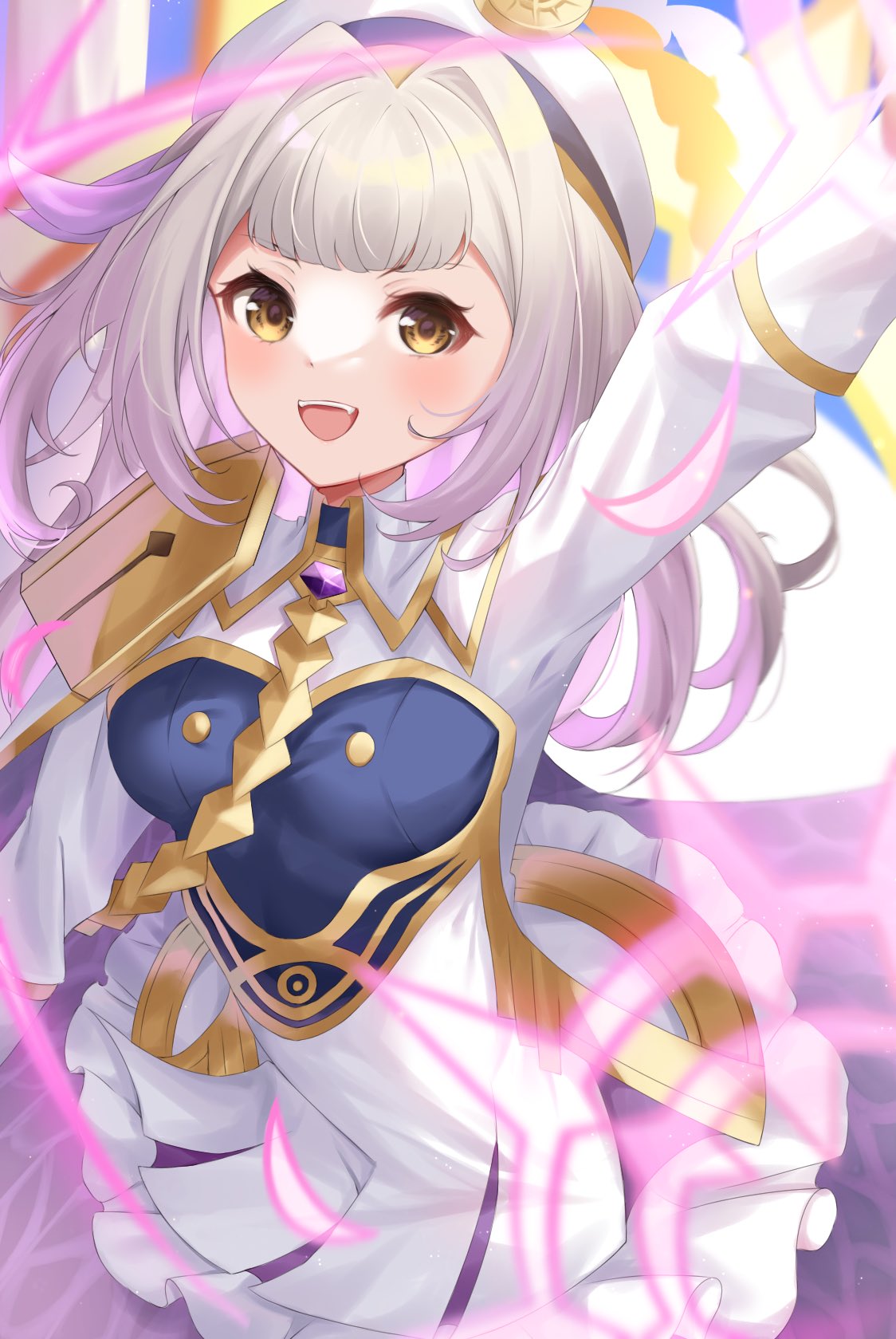 1girl, :d, arm_up, brown_eyes, dress, ell_0314, fire_emblem, fire_emblem_heroes