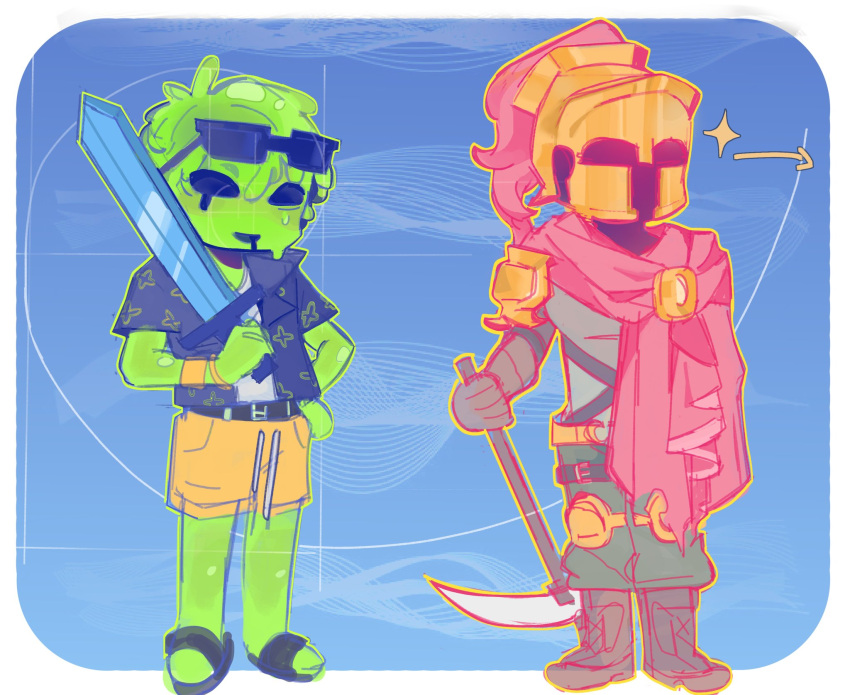 1boy, 1other, armor, arrow_(symbol), averythemayo, bangle, belt, boots