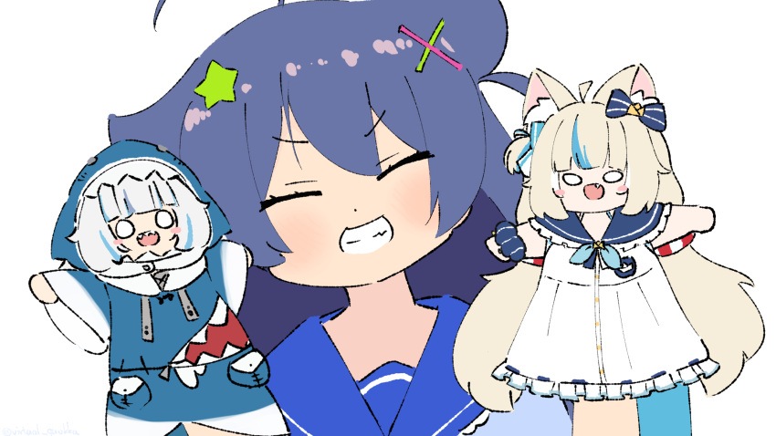 1girl, :d, animal_costume, animal_ear_fluff, animal_ears, animal_hood, blonde_hair, blue_bow, blue_hair, blue_hoodie, blue_sailor_collar, blue_streaks, blunt_bangs, blush_stickers, bow, cat_ears, clenched_teeth, closed_eyes, commentary, drawstring, ear_bow, english_commentary, fish_girl, gawr_gura, gawr_gura_(1st_costume), grey_hair, grin, hair_ornament, hand_puppet, hands_up, highres, hololive, hololive_english, hood, hoodie, indie_virtual_youtuber, lifebuoy_anklet, lifebuoy_hair_ornament, long_hair, low_twintails, multicolored_hair, o_o, one_side_up, puppet, sailor_collar, sameko_saba, senzawa, shark_costume, shark_girl, shark_hood, sharp_teeth, simple_background, smile, solo, streaked_hair, teeth, twintails, very_long_hair, virtual_quokka, virtual_youtuber, voice_actor_connection, white_background, wide_sleeves, x_hair_ornament