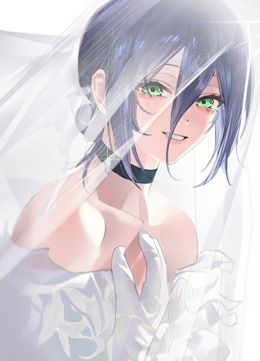 1girl, black_choker, blue_hair, bridal_veil, chainsaw_man, choker, dress, gloves, green_eyes, hair_between_eyes, hair_bun, highres, medium_hair, o0hiruko0o, reze_(chainsaw_man), solo, veil, wedding_dress, white_gloves