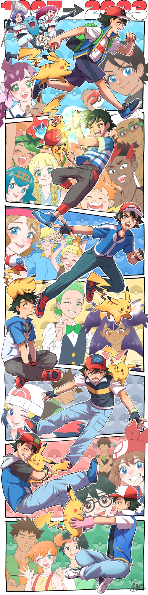 6+boys, 6+girls, ash_ketchum, backpack, bag, black_hair, blonde_hair, blue_eyes