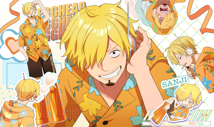 1boy, arm_up, black_shorts, blonde_hair, boots, character_name, cigarette, commentary