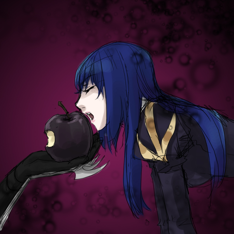 1boy, 1girl, apple, assassin_cross_(ragnarok_online), black_dress, black_gloves, blue_hair, closed_eyes