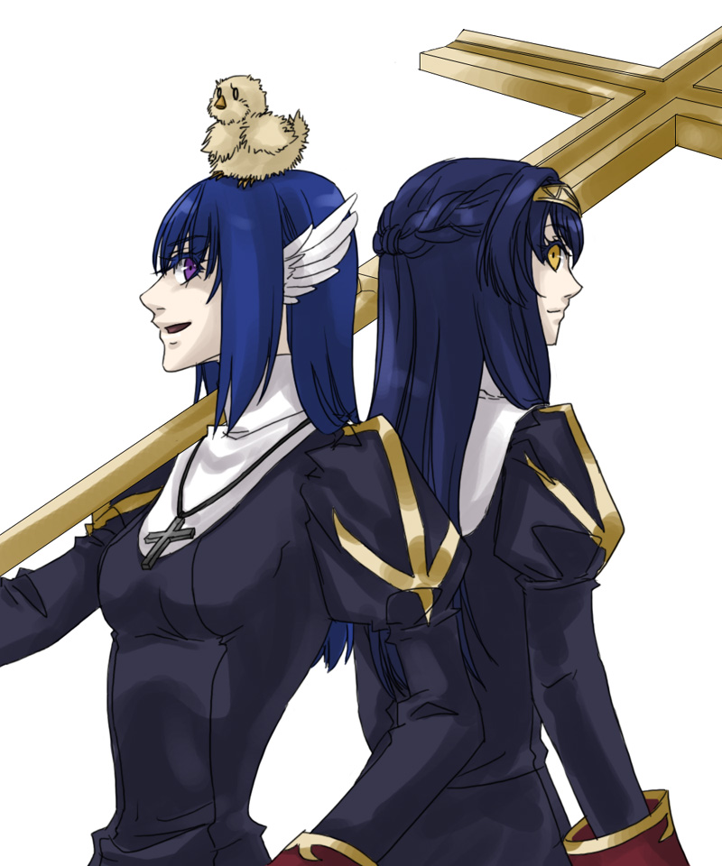 2girls, animal_on_head, baby_animal, bird, bird_on_head, black_dress, blue_hair, braid