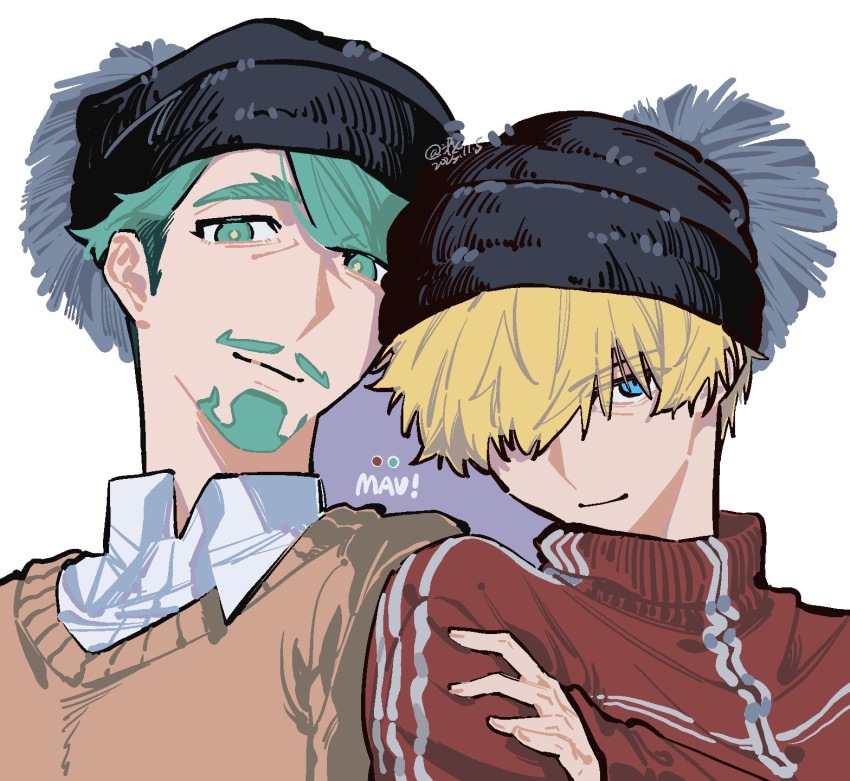 2boys, alternate_costume, beanie, beard, black_hat, blue_eyes, border, brown_sweater