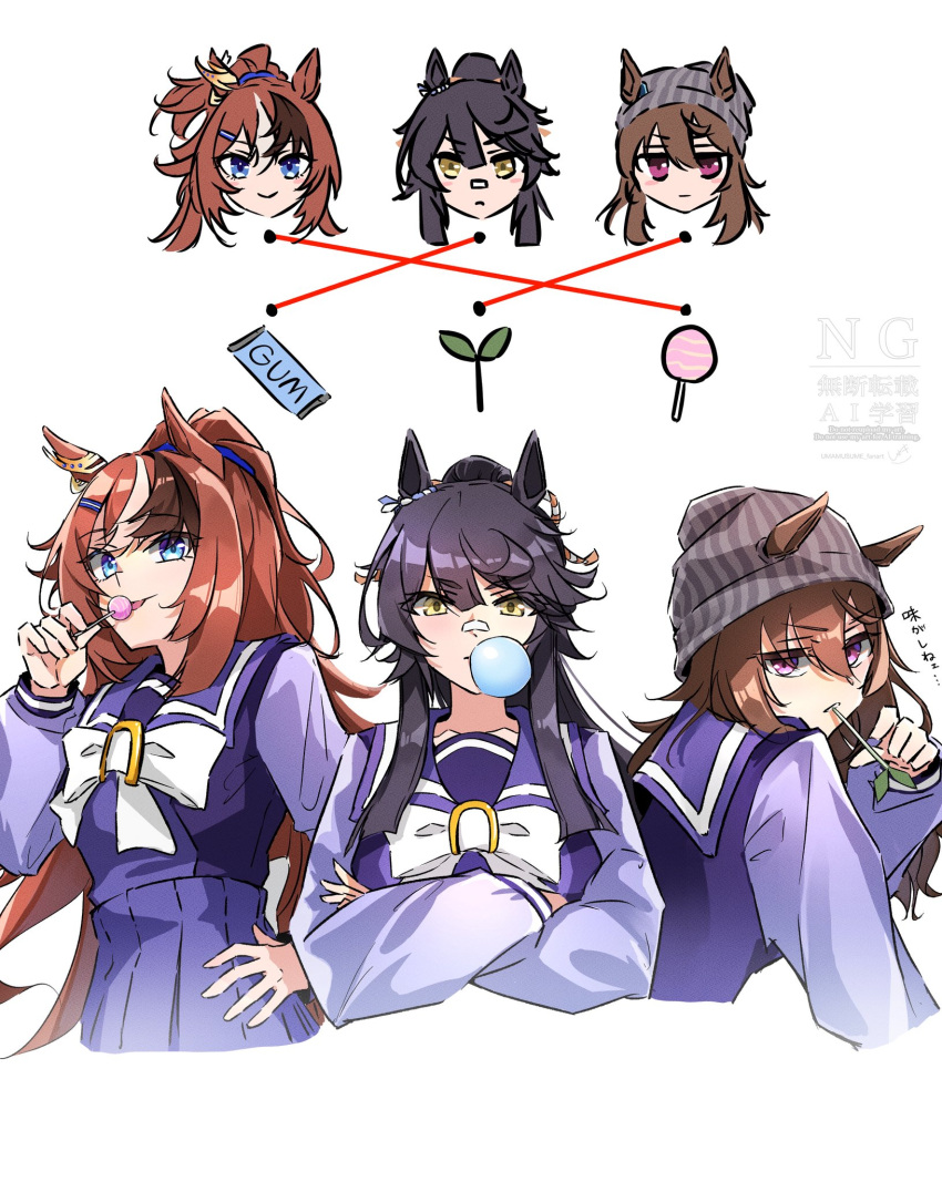 3girls, animal_ears, bandaid, bandaid_on_face, bandaid_on_nose, beanie, black_hair, blowing_bubble_gum