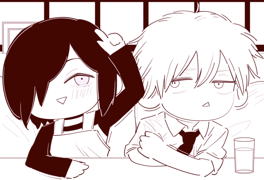 1boy, 1girl, apron, chainsaw_man, chibi, chibi_only, collared_shirt, cup