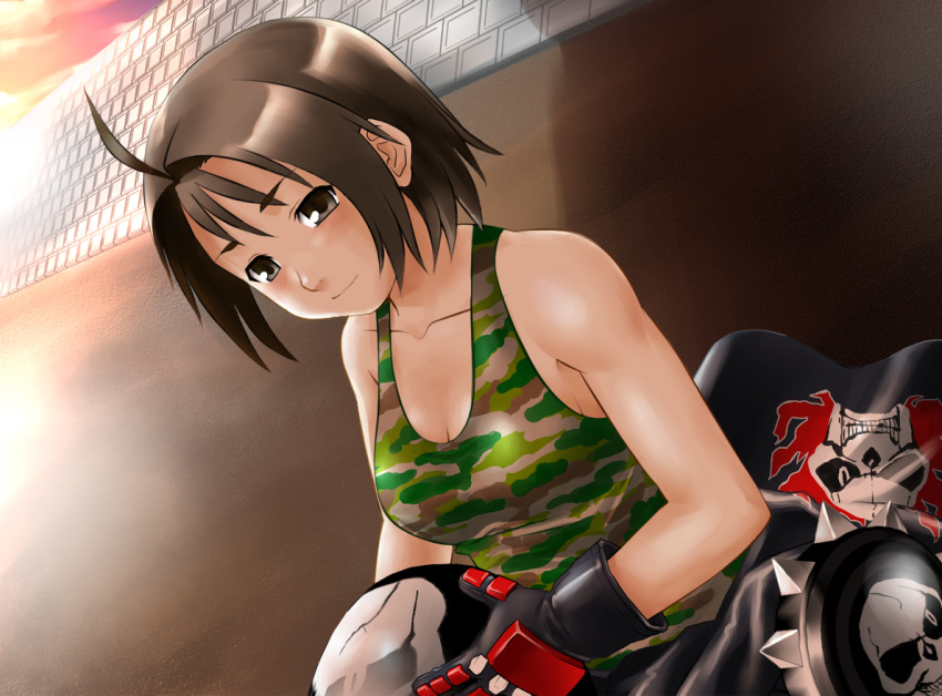blush, brown_eyes, brown_hair, camouflage, capcom, gloves, helmet, jacket, justice_gakuen, kazama_akira, rival_schools, short_hair, skull, solo, tank_top, tsukinowa, tsukinowa_kumatarou