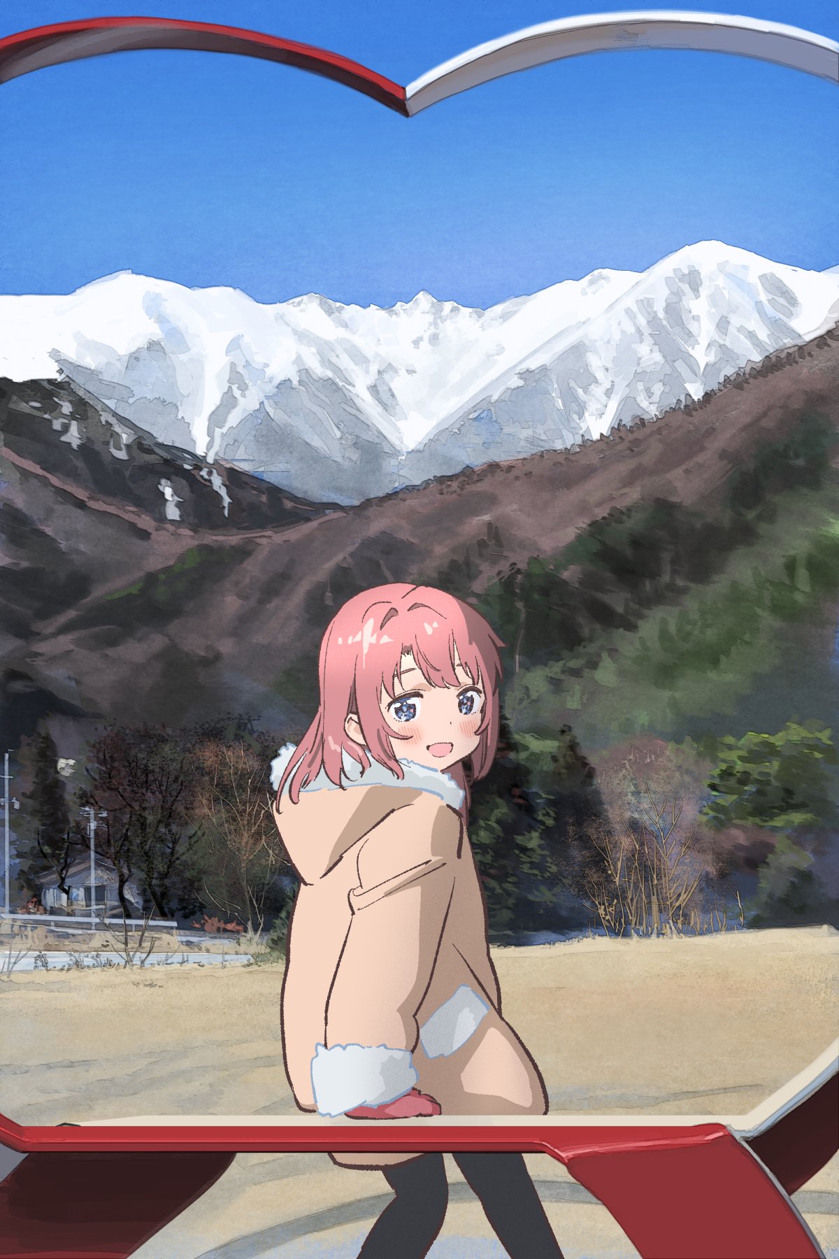 1girl, aged_down, blue_eyes, blue_sky, brown_coat, building, coat, gloves