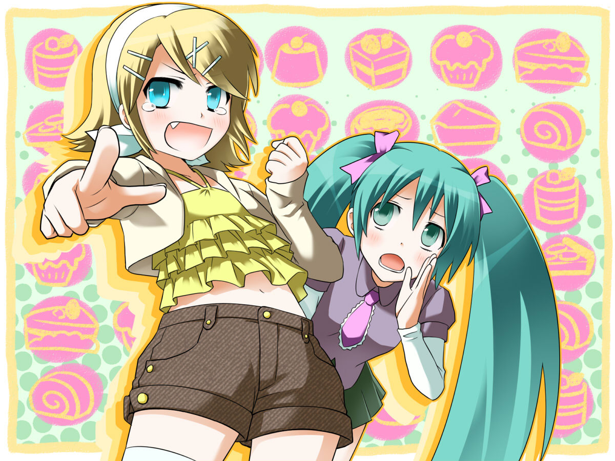 aqua_eyes, aqua_hair, blonde_hair, casual, fang, hair_ornament, hair_ribbon, hairband