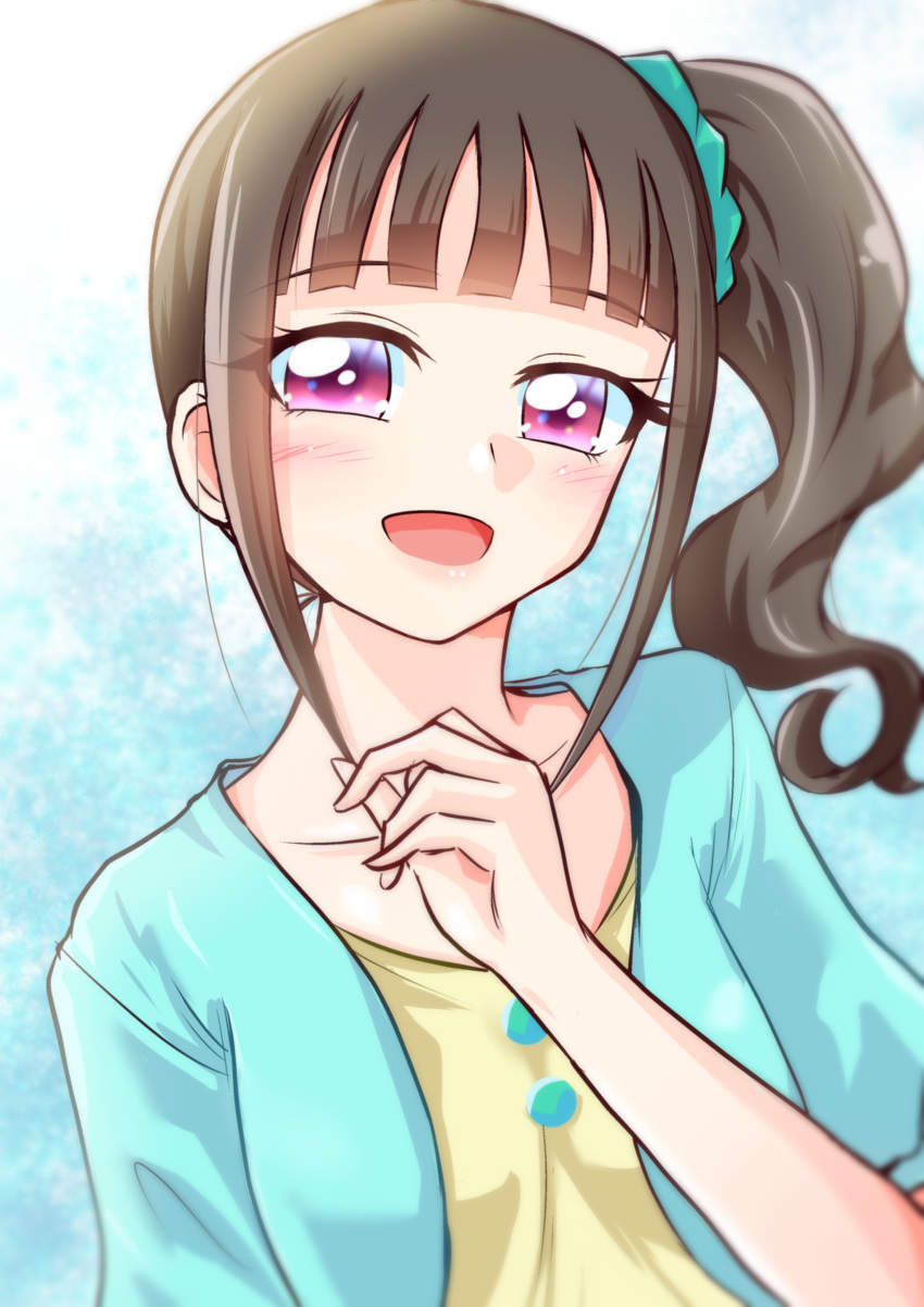 1girl, :d, absurdres, aqua_background, aqua_jacket, aqua_scrunchie, blunt_bangs, blurry