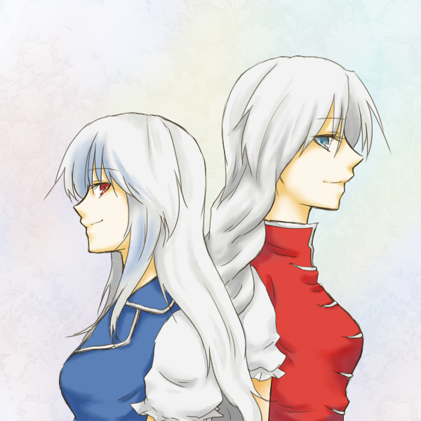 blue_eyes, fuji_tsugu, fujikei_shin, kamishirasawa_keine, long_hair, multicolored_hair, red_eyes, silver_hair