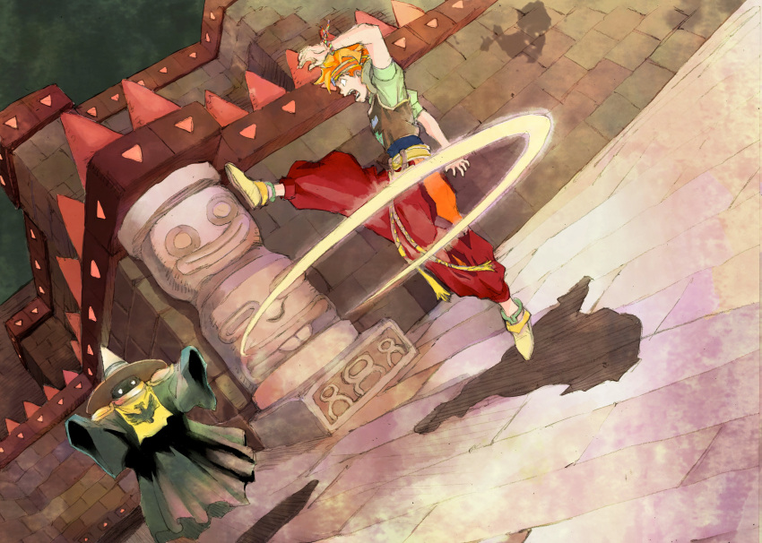 1boy, absurdres, ark_(tenchi_souzou), attack, baggy_pants, brick_wall, column, commentary_request