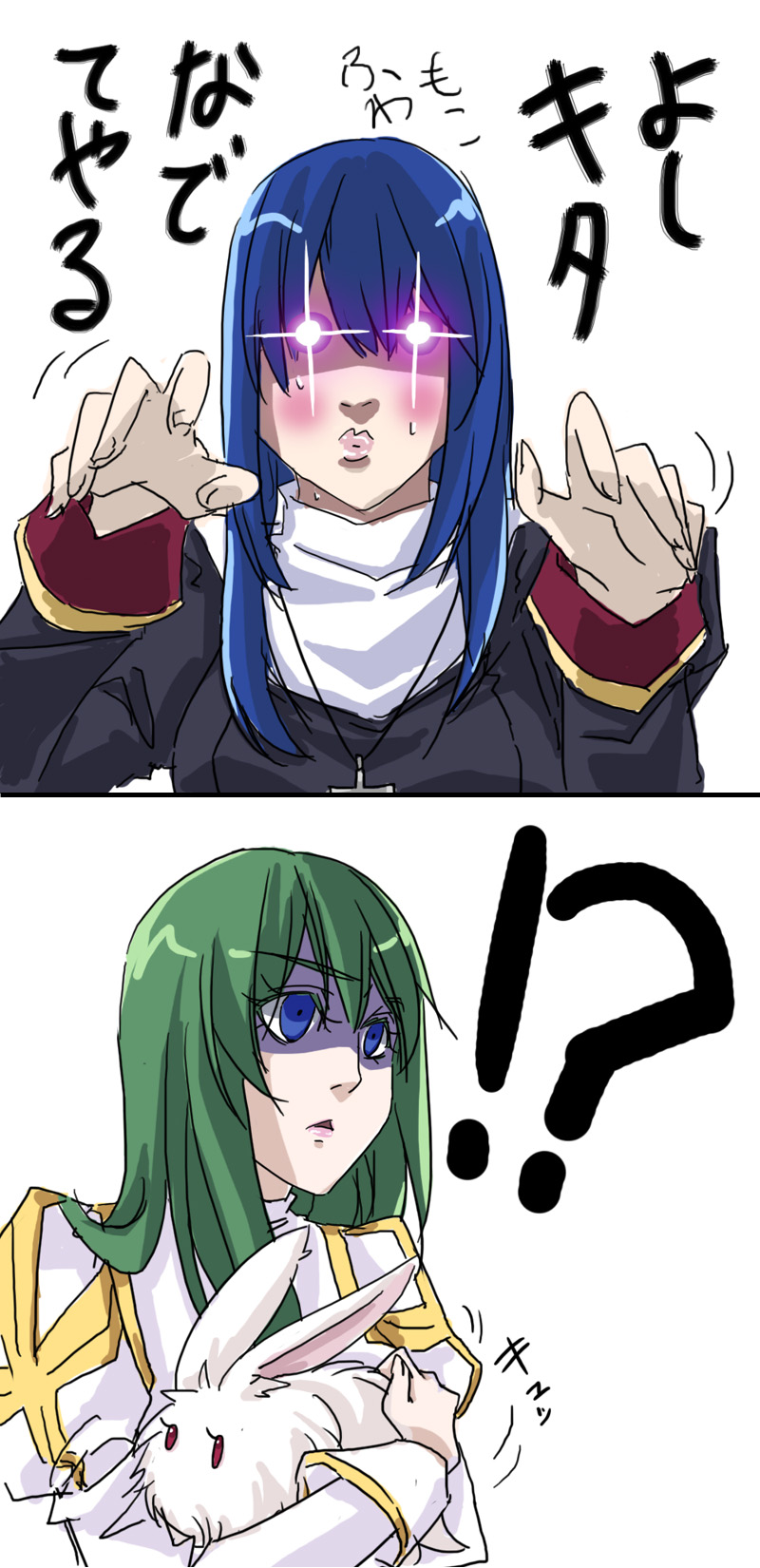 !?, 2girls, alternate_color, animal, black_dress, blue_eyes, blue_hair, blush