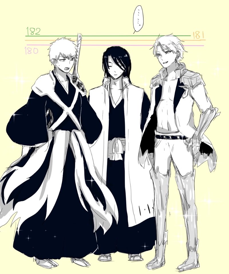..., 1046sstep_btoh, 3boys, bleach, bleach:_sennen_kessen-hen, coat, commentary_request, greyscale_with_colored_background