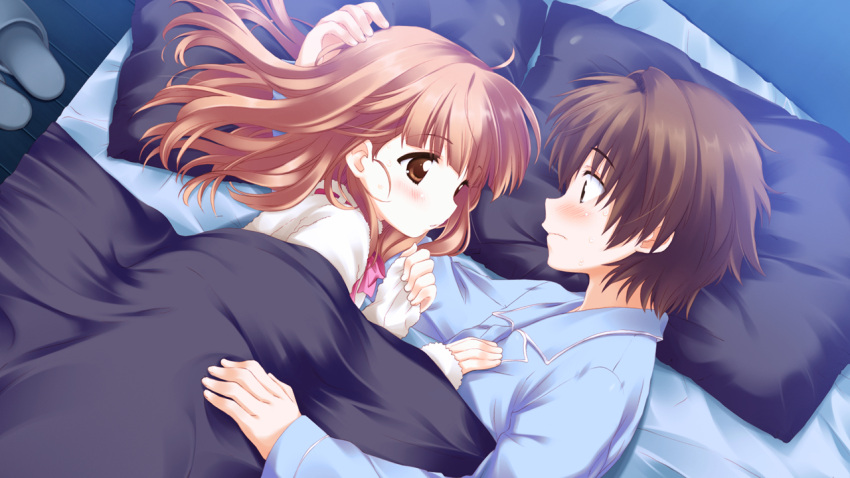 bed, blush, brown_eyes, brown_hair, chiko_hakase, game_cg, hoshi_no_ouji-kun, pajamas