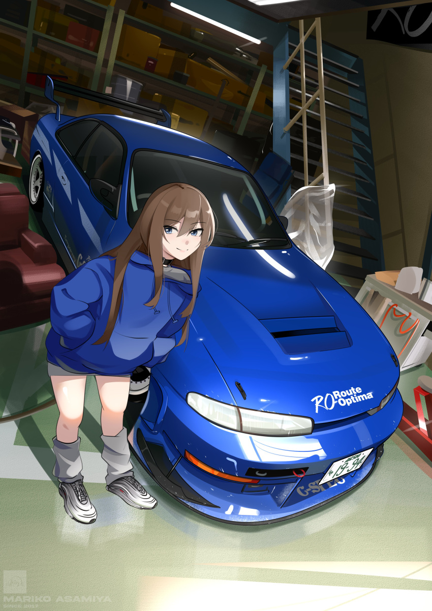 1girl, absurdres, asamiya_mariko_(holeecrab), black_choker, blue_eyes, blue_hoodie, brown_hair, car
