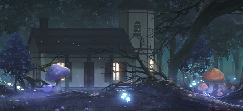bare_tree, building, chimney, fireflies, forest, game_cg, glowing, glowing_mushroom
