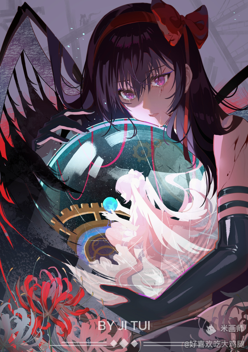 absurdly_long_hair, absurdres, akemi_homura, akuma_homura, angel_wings, armlet, artist_name, black_dress, black_gloves, black_hair, black_wings, bow, chinese_commentary, commentary_request, crying, crying_with_eyes_open, crystal_ball, dress, earth_(planet), elbow_gloves, eyelashes, faceless, faceless_female, feathered_wings, flower, full_body, gears, gloves, goddess_madoka, hair_bow, hairband, hao_xihuan_chi_da_jitui, height_difference, highres, holding_planet, in_ball, jewelry, kaname_madoka, light_particles, long_dress, long_hair, looking_at_another, mahou_shoujo_madoka_magica, mahou_shoujo_madoka_magica:_hangyaku_no_monogatari, mihuashi_logo, parted_lips, pink_hair, pink_theme, planet, pointy_nose, purple_background, red_bow, red_flower, red_hairband, ruins, spider_lily, streaming_tears, tears, two_side_up, upper_body, very_long_hair, violet_eyes, watermark, white_bow, white_dress, white_gloves, white_wings, wings