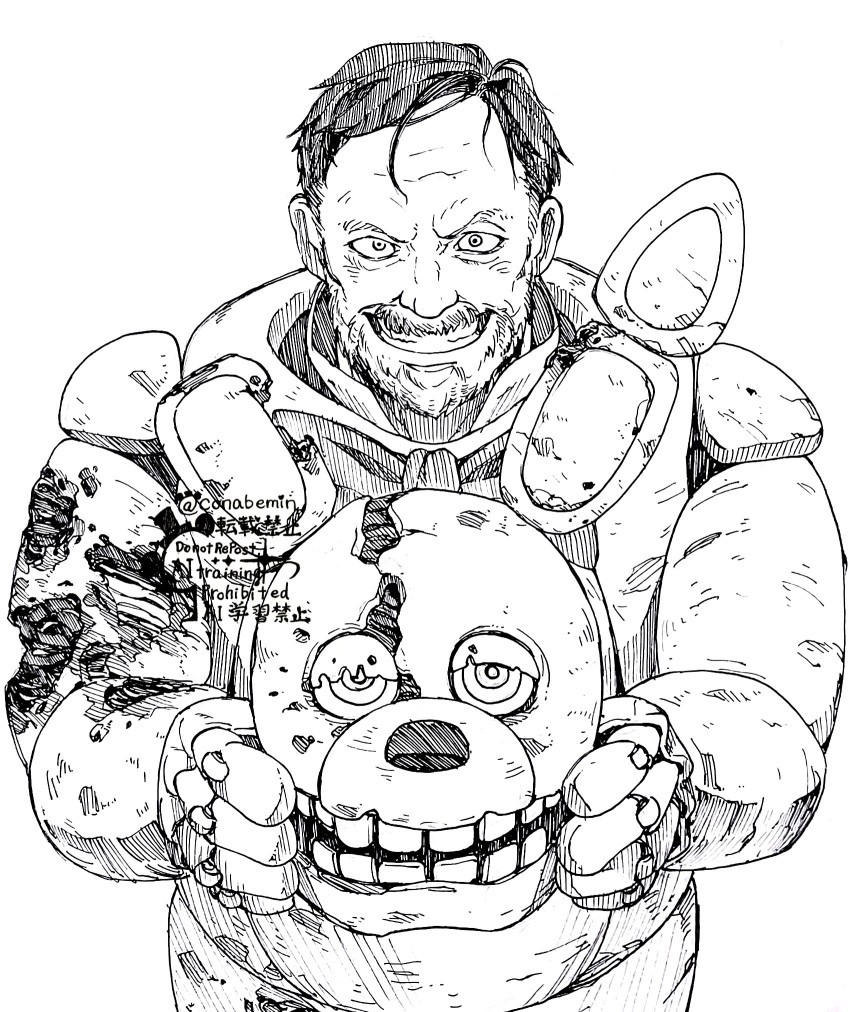 1boy, animatronic, artist_name, beard, conabemin, english_commentary, facial_hair, five_nights_at_freddy's