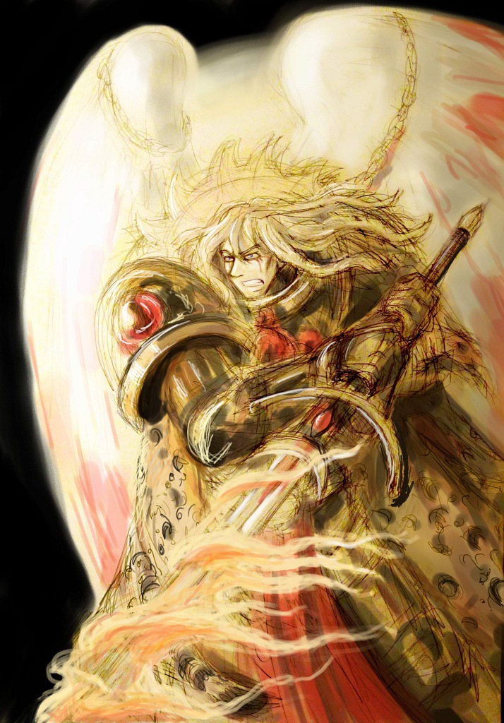 angel_wings, armor, black_background, blonde_eyebrows, blonde_hair, blood_angels, blue_eyes, clenched_teeth