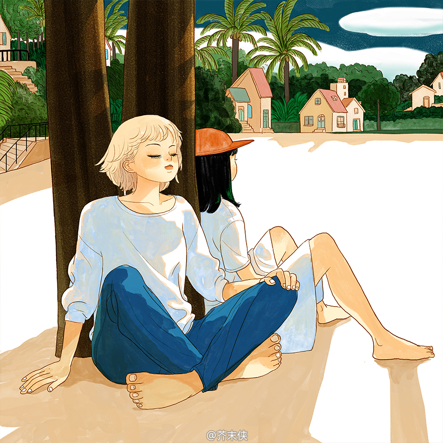 2girls, barefoot, baseball_cap, beach, black_hair, blue_pants, chinese_commentary, closed_eyes